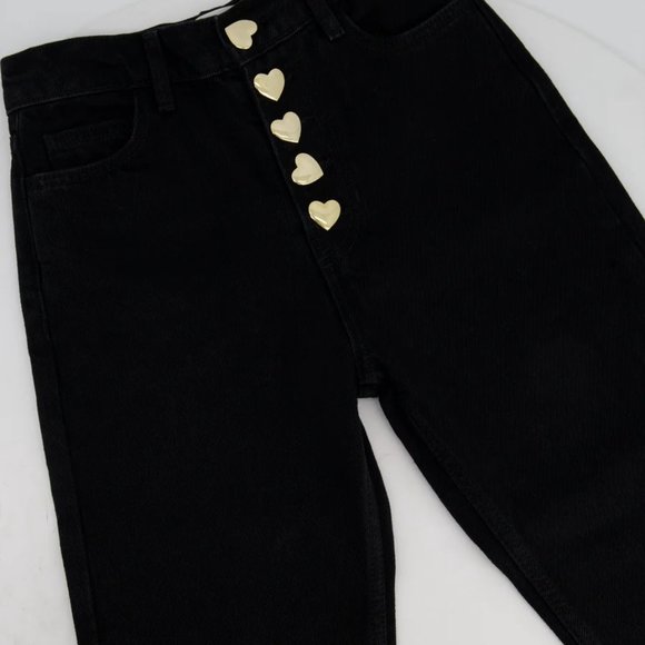 Reformation Cynthia Gold Heart Button High Rise Straight Black Jeans - brand new - Picture 3 of 3